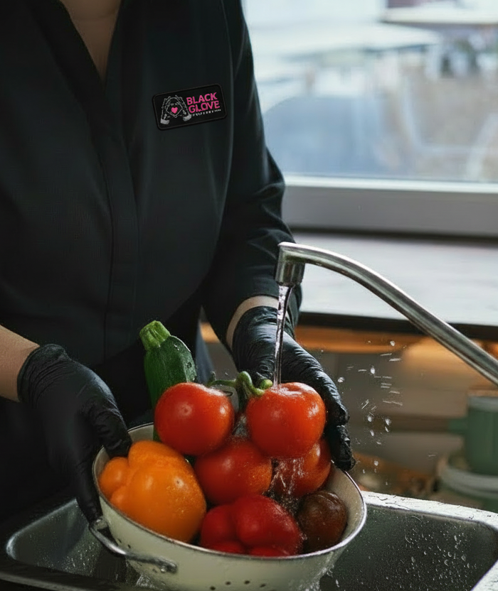 Tomatoes, bell peppers, and zucchini being washed in a colander under running water.
